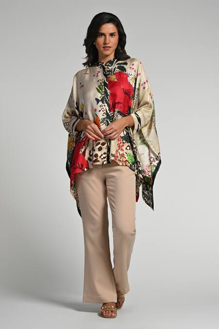Buy_Taroob_Beige Silk, Modal, Satin Round Neck Jungle Rhapsody Kaftan _Online_at_Aza_Fashions