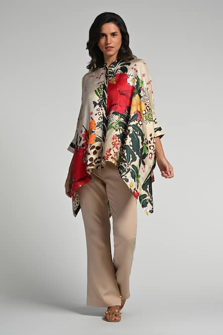 Shop_Taroob_Beige Silk, Modal, Satin Round Neck Jungle Rhapsody Kaftan _Online_at_Aza_Fashions