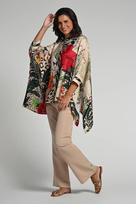 Taroob_Beige Silk, Modal, Satin Round Neck Jungle Rhapsody Kaftan _at_Aza_Fashions