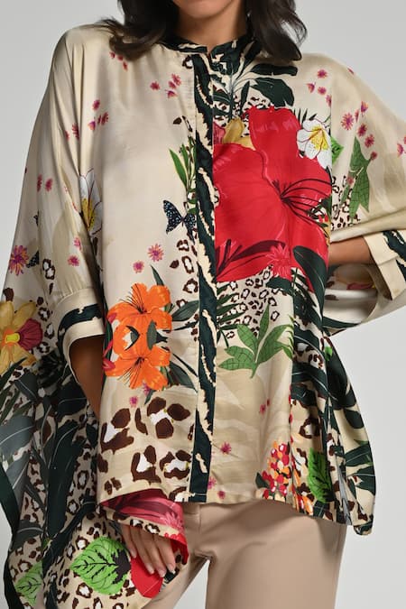 Buy_Taroob_Beige Silk, Modal, Satin Round Neck Jungle Rhapsody Kaftan 