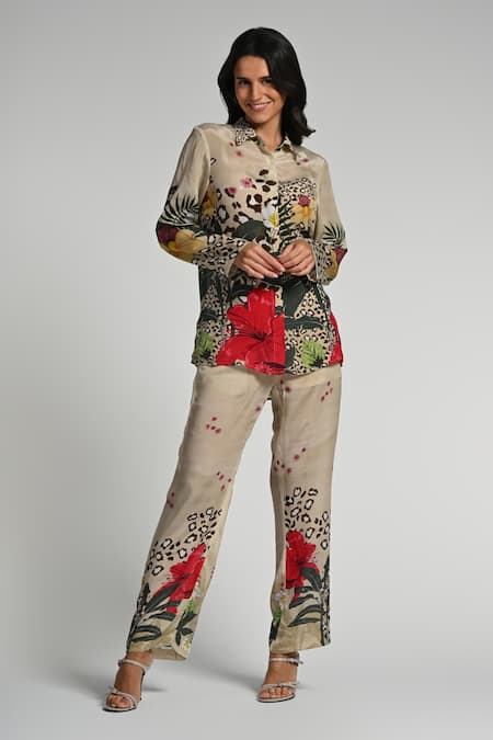 Shop Taroob Beige Crepe Collared Jungle Rhapsody Co-ord Set Online at Aza Fashions Shop_Taroob_Beige Crepe Collared Jungle Rhapsody Co-ord Set _Online_at_Aza_Fashions