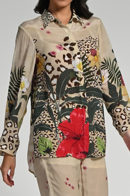 Taroob Beige Crepe Collared Jungle Rhapsody Co-ord Set at Aza Fashions Taroob_Beige Crepe Collared Jungle Rhapsody Co-ord Set _at_Aza_Fashions