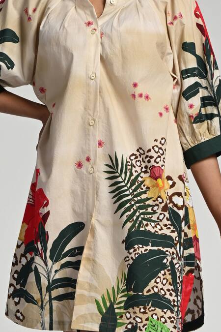 Taroob_Beige Cotton, Poplin Collared Jungle Rhapsody Dress_Online_at_Aza_Fashions