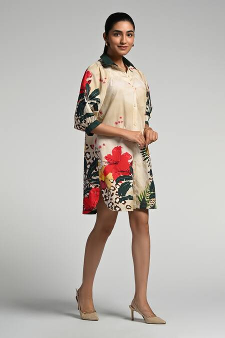 Shop_Taroob_Beige Cotton, Poplin Collared Jungle Rhapsody Dress_Online_at_Aza_Fashions