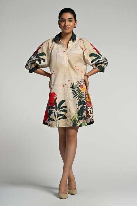 Taroob_Beige Cotton, Poplin Collared Jungle Rhapsody Dress_at_Aza_Fashions
