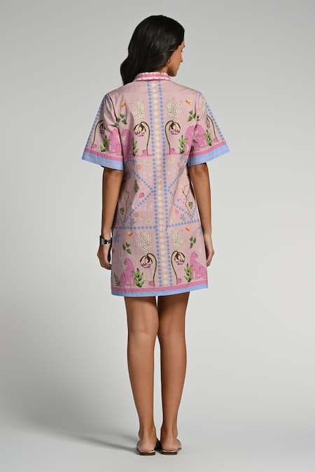 Shop Taroob Pink Cotton, Poplin Embroidery Collared Jungle Daydream Short Dress at Aza Fashions Shop_Taroob_Pink Cotton, Poplin Embroidery Collared Jungle Daydream Short Dress _at_Aza_Fashions