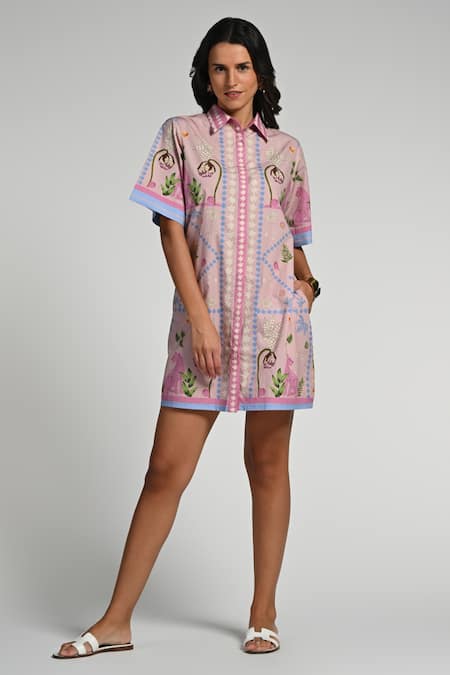 Taroob Pink Cotton, Poplin Embroidery Collared Jungle Daydream Short Dress Online at Aza Fashions Taroob_Pink Cotton, Poplin Embroidery Collared Jungle Daydream Short Dress _Online_at_Aza_Fashions