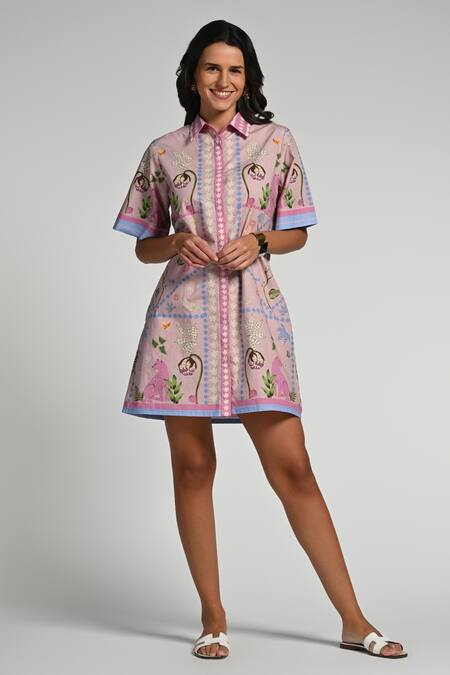 Buy Taroob Pink Cotton, Poplin Embroidery Collared Jungle Daydream Short Dress Online at Aza Fashions Buy_Taroob_Pink Cotton, Poplin Embroidery Collared Jungle Daydream Short Dress _Online_at_Aza_Fashions