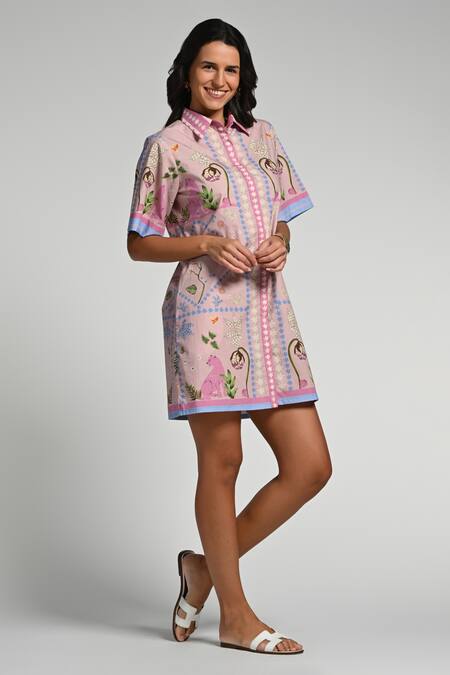 Shop Taroob Pink Cotton, Poplin Embroidery Collared Jungle Daydream Short Dress Online at Aza Fashions Shop_Taroob_Pink Cotton, Poplin Embroidery Collared Jungle Daydream Short Dress _Online_at_Aza_Fashions