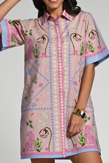 Taroob Pink Cotton, Poplin Embroidery Collared Jungle Daydream Short Dress at Aza Fashions Taroob_Pink Cotton, Poplin Embroidery Collared Jungle Daydream Short Dress _at_Aza_Fashions