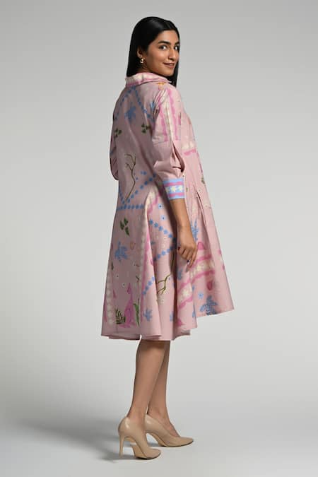 Taroob Pink Cotton, Poplin Embroidery Collared Jungle Daydream Midi Dress Online at Aza Fashions Taroob_Pink Cotton, Poplin Embroidery Collared Jungle Daydream Midi Dress _Online_at_Aza_Fashions