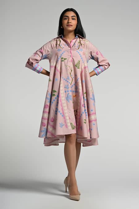 Taroob Pink Cotton, Poplin Embroidery Collared Jungle Daydream Midi Dress 