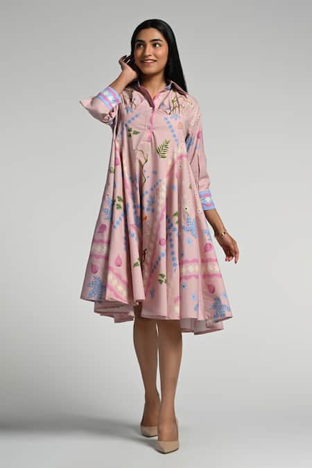 Buy Taroob Pink Cotton, Poplin Embroidery Collared Jungle Daydream Midi Dress Online at Aza Fashions Buy_Taroob_Pink Cotton, Poplin Embroidery Collared Jungle Daydream Midi Dress _Online_at_Aza_Fashions