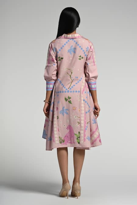 Shop Taroob Pink Cotton, Poplin Embroidery Collared Jungle Daydream Midi Dress at Aza Fashions Shop_Taroob_Pink Cotton, Poplin Embroidery Collared Jungle Daydream Midi Dress _at_Aza_Fashions