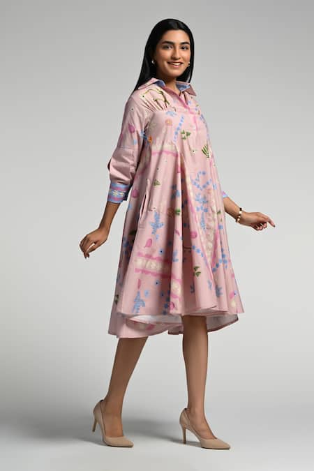 Shop Taroob Pink Cotton, Poplin Embroidery Collared Jungle Daydream Midi Dress Online at Aza Fashions Shop_Taroob_Pink Cotton, Poplin Embroidery Collared Jungle Daydream Midi Dress _Online_at_Aza_Fashions