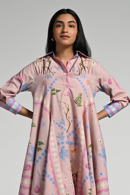 Taroob Pink Cotton, Poplin Embroidery Collared Jungle Daydream Midi Dress at Aza Fashions Taroob_Pink Cotton, Poplin Embroidery Collared Jungle Daydream Midi Dress _at_Aza_Fashions