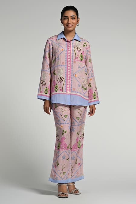 Taroob Pink Linen Embroidery Collared Jungle Daydream Co-ord Set 
