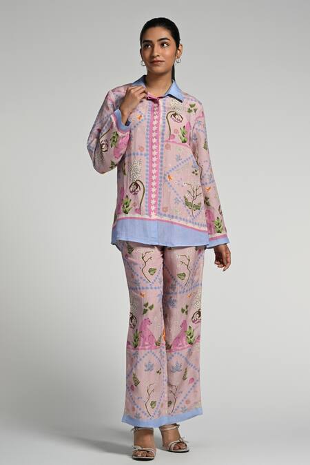 Taroob_Pink Linen Embroidery Collared Jungle Daydream Co-ord Set_Online_at_Aza_Fashions