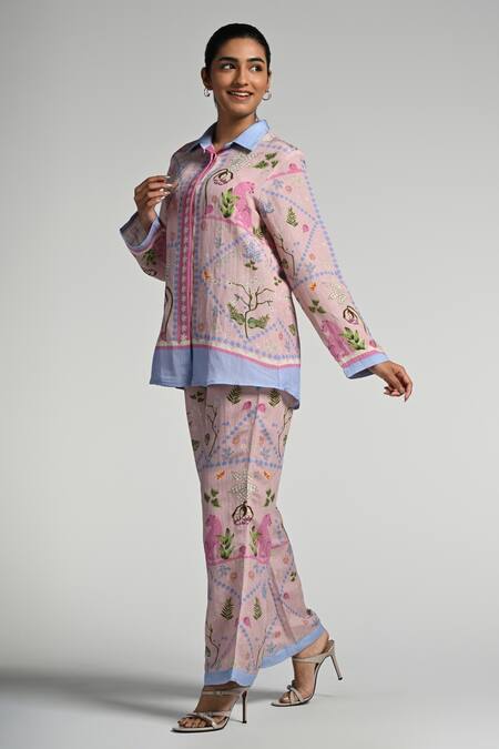 Buy_Taroob_Pink Linen Embroidery Collared Jungle Daydream Co-ord Set_Online_at_Aza_Fashions