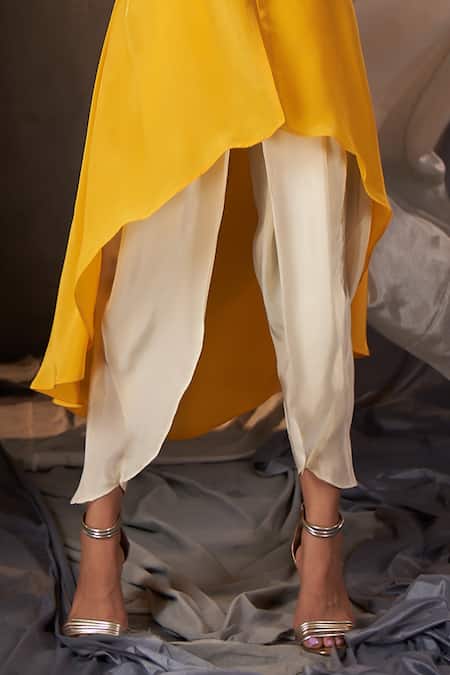 Muskann Kapadiaa_Yellow Crepe, Silk Gota Patti Round Neck Designer Kurta And Dhoti Pant Set _Online_at_Aza_Fashions