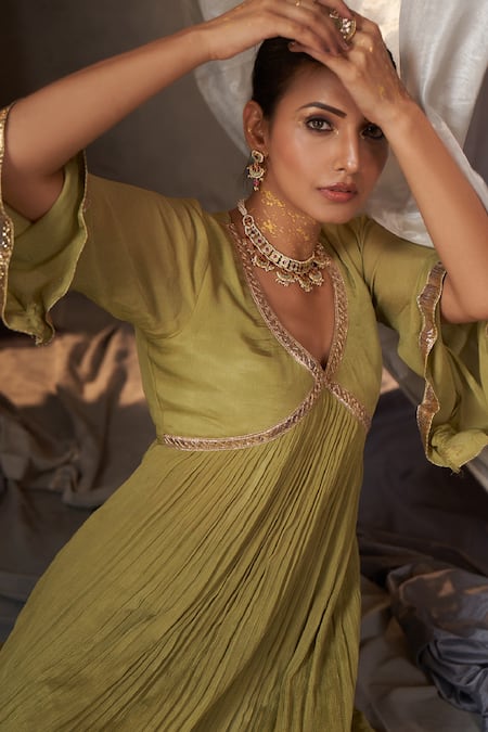 Muskann Kapadiaa_Olive Green Chinon, Satin, Chiffon Gota Patti V-neck Anarkali Set _Online_at_Aza_Fashions