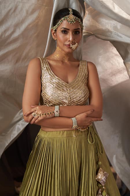 Buy_Muskann Kapadiaa_Olive Green Chiffon, Silk, Chinon Gota Patti, Sequins V-neck Lehenga Set _Online_at_Aza_Fashions