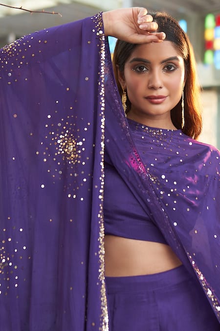 Muskann Kapadiaa_Purple Chiffon Sequins Cape And Palazzo Set _Online_at_Aza_Fashions
