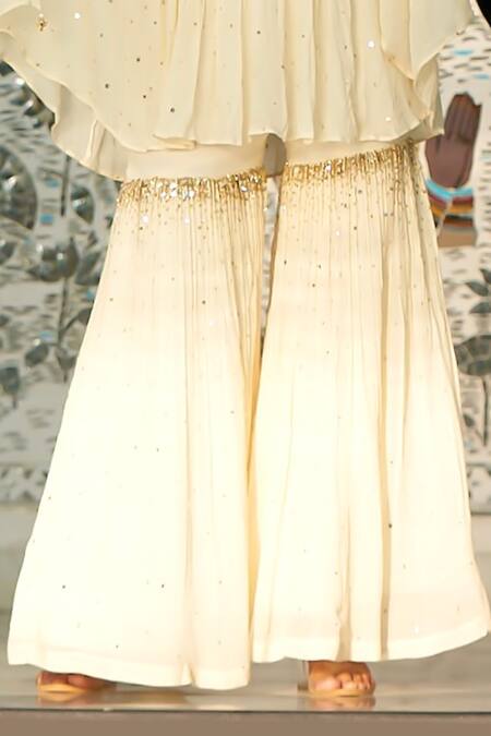 Muskann Kapadiaa_Ivory Chiffon Beads, Sequins Round Neck Designer Kaftan And Sharara Set _Online_at_Aza_Fashions