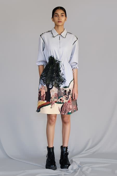 Anurag Gupta Gray Crepe Collared Neolithic Short Dress 