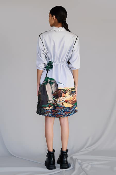 Shop Anurag Gupta Gray Crepe Collared Neolithic Short Dress at Aza Fashions Shop_Anurag Gupta_Gray Crepe Collared Neolithic Short Dress _at_Aza_Fashions