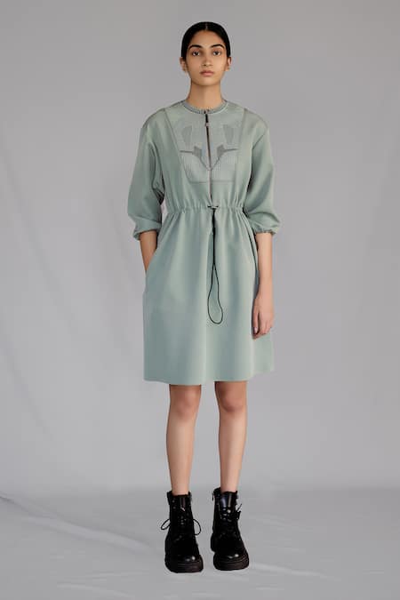 Anurag Gupta Gray Crepe Round Neck Grey Knitted Panel Short Dress