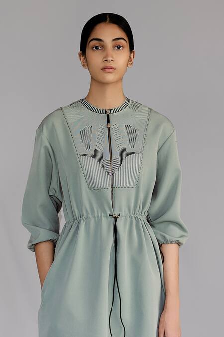 Shop Anurag Gupta Gray Crepe Round Neck Grey Knitted Panel Short Dress Online at Aza Fashions Shop_Anurag Gupta_Gray Crepe Round Neck Grey Knitted Panel Short Dress _Online_at_Aza_Fashions