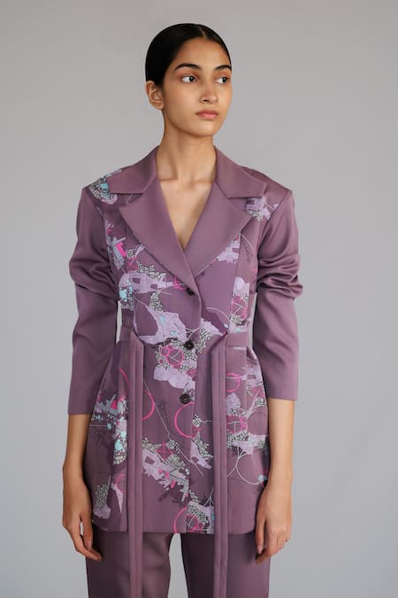 Anurag Gupta_Purple Crepe, Brocade Mauve Map Coat Set _Online_at_Aza_Fashions