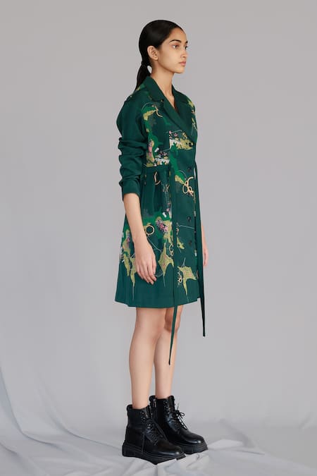 Shop Anurag Gupta Green Crepe Collared Map Coat Dress at Aza Fashions Shop_Anurag Gupta_Green Crepe Collared Map Coat Dress _at_Aza_Fashions