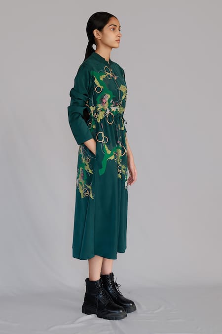 Anurag Gupta Green Crepe Mandarin Collar Map Print Long Dress Online at Aza Fashions Anurag Gupta_Green Crepe Mandarin Collar Map Print Long Dress _Online_at_Aza_Fashions