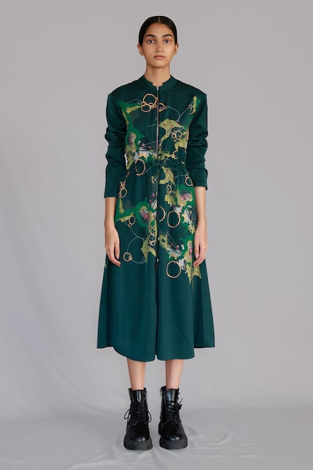 Anurag Gupta Green Crepe Mandarin Collar Map Print Long Dress 
