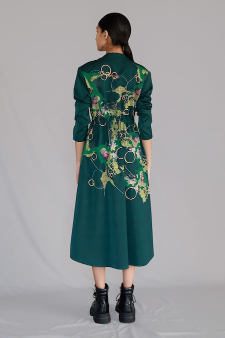 Shop Anurag Gupta Green Crepe Mandarin Collar Map Print Long Dress at Aza Fashions Shop_Anurag Gupta_Green Crepe Mandarin Collar Map Print Long Dress _at_Aza_Fashions