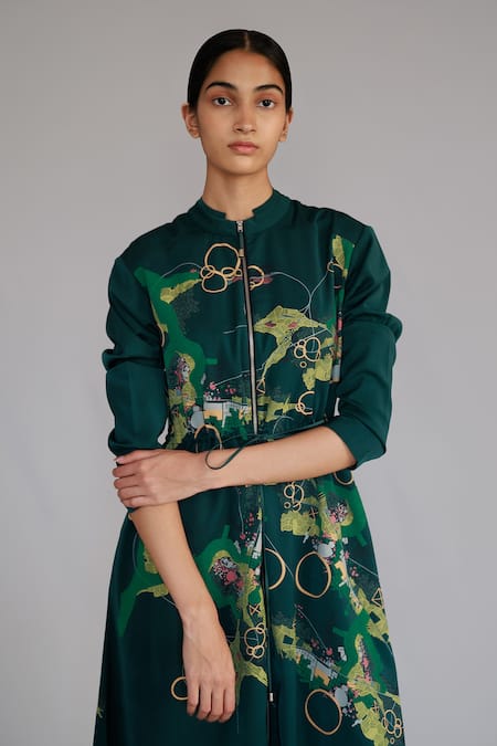 Shop Anurag Gupta Green Crepe Mandarin Collar Map Print Long Dress Online at Aza Fashions Shop_Anurag Gupta_Green Crepe Mandarin Collar Map Print Long Dress _Online_at_Aza_Fashions