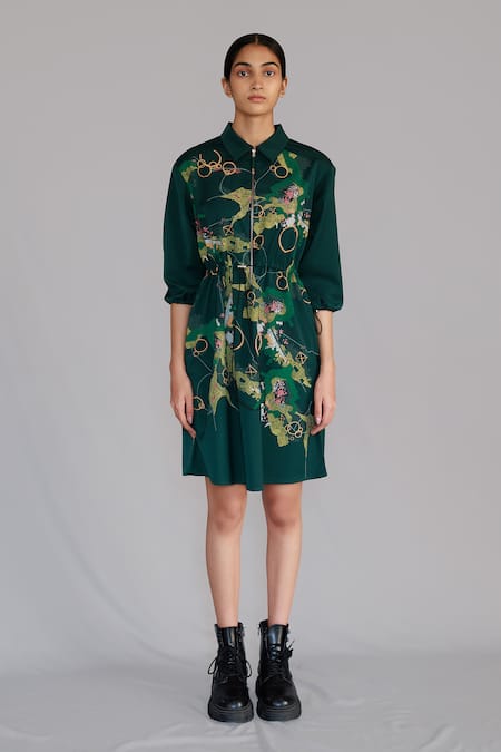 Anurag Gupta Green Crepe Collared Map Short Dress 