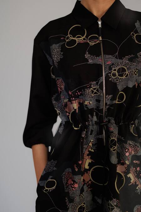 Anurag Gupta Black Crepe Collared Map Short Dress Online at Aza Fashions Anurag Gupta_Black Crepe Collared Map Short Dress _Online_at_Aza_Fashions