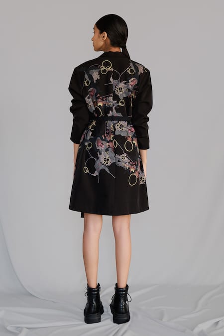 Shop Anurag Gupta Black Crepe Embroidery Collared Map Coat Dress at Aza Fashions Shop_Anurag Gupta_Black Crepe Embroidery Collared Map Coat Dress _at_Aza_Fashions