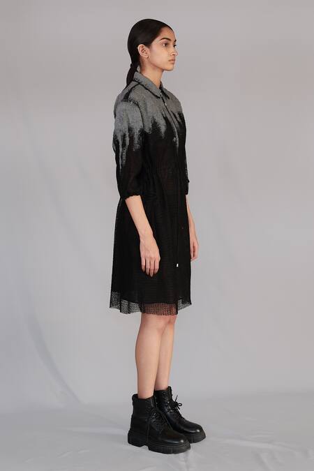 Anurag Gupta_Gray Silk Embroidery Collared Grey Mud Short Dress _Online_at_Aza_Fashions