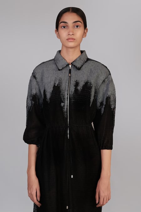 Buy_Anurag Gupta_Gray Silk Embroidery Collared Grey Mud Short Dress _Online_at_Aza_Fashions