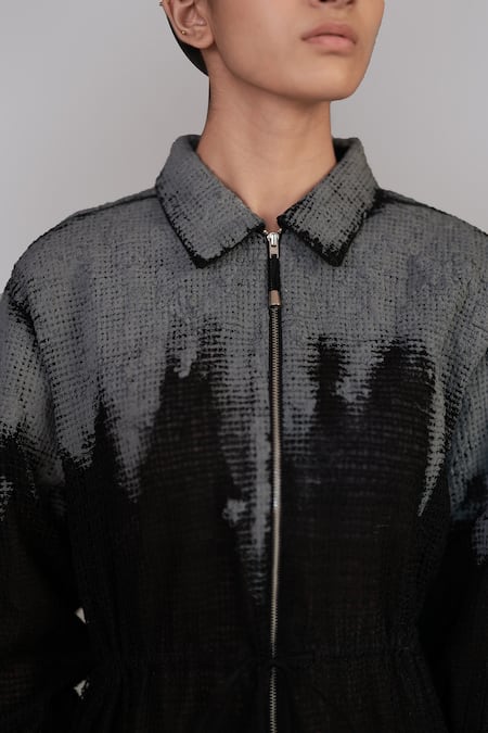 Shop_Anurag Gupta_Gray Silk Embroidery Collared Grey Mud Short Dress _Online_at_Aza_Fashions