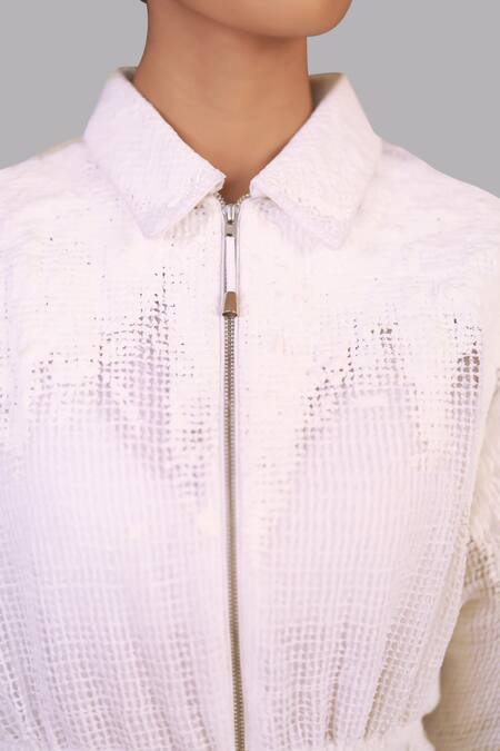 Shop_Anurag Gupta_White Silk Embroidery Collared Mud Short Dress _Online_at_Aza_Fashions