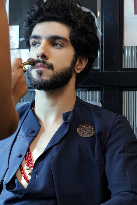 Jatin Malik_Blue Crepe Brooches Midnight Designer Nighttime Set _Online_at_Aza_Fashions