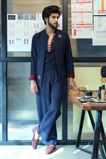 Buy_Jatin Malik_Blue Crepe Brooches Midnight Designer Nighttime Set _Online_at_Aza_Fashions