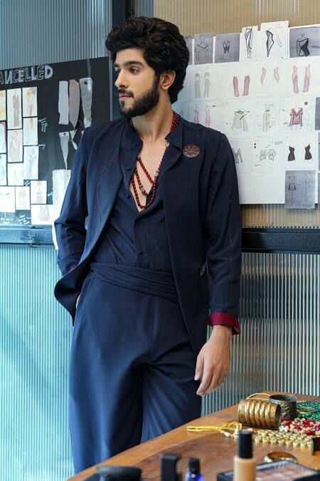 Shop_Jatin Malik_Blue Crepe Brooches Midnight Designer Nighttime Set _Online_at_Aza_Fashions