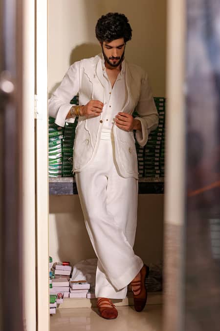 Jatin Malik Ivory Linen Blend Designer Set 