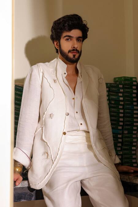 Buy_Jatin Malik_Ivory Linen Blend Designer Set _Online_at_Aza_Fashions